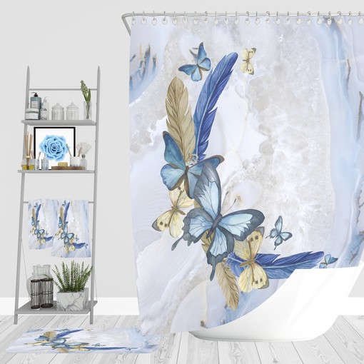 Boho Butterfly Bathroom Decor with Blue Shower Curtain and Bath Set Options