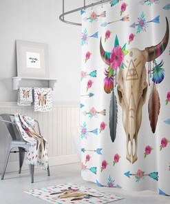 Boho Chic Bull Skull Shower Curtain Set with Optional Bath Mat and Towels