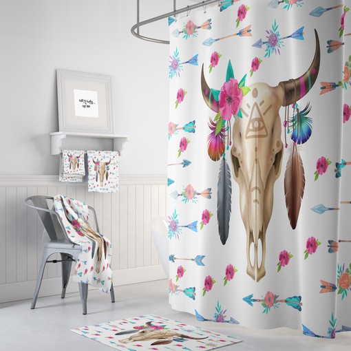 Boho Chic Bull Skull Shower Curtain Set with Optional Bath Mat and Towels