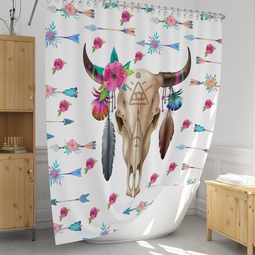Boho Chic Bull Skull Shower Curtain Set with Optional Bath Mat and Towels - Image 2
