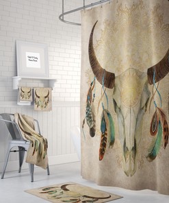 Boho Chic Bull Skull Shower Curtain with Beige Watercolor Print
