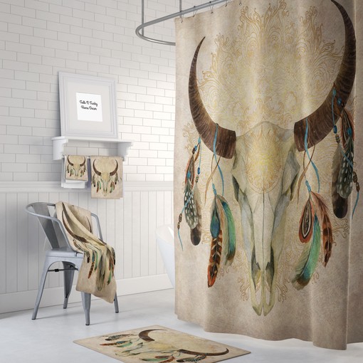 Boho Chic Bull Skull Shower Curtain with Beige Watercolor Print