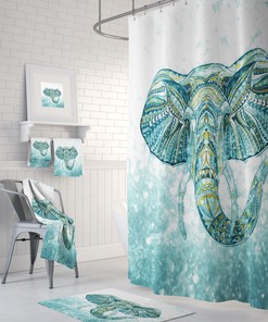 Boho Chic Elephant Shower Curtain in Green Teal Bathroom Set with Print