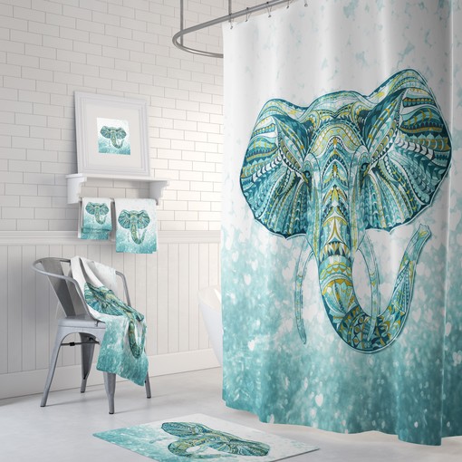 Boho Chic Elephant Shower Curtain in Green Teal Bathroom Set with Print