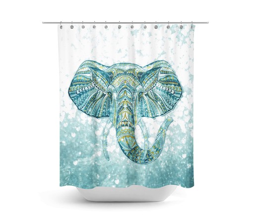 Boho Chic Elephant Shower Curtain in Green Teal Bathroom Set with Print - Image 3