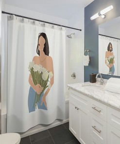 Boho Chic Minimal Line Art Shower Curtain with Nude Woman and Flowers