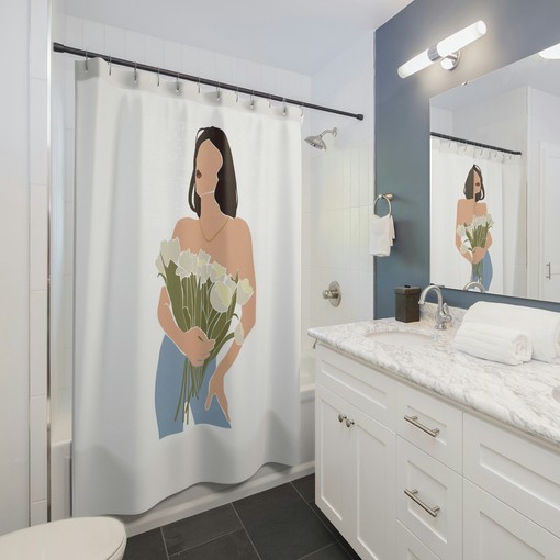 Boho Chic Minimal Line Art Shower Curtain with Nude Woman and Flowers