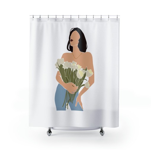 Boho Chic Minimal Line Art Shower Curtain with Nude Woman and Flowers - Image 2
