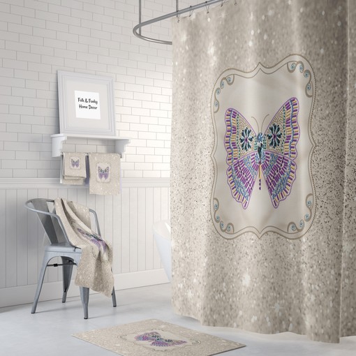 Boho Chic Shower Curtain with Gypsy Spirit Sparking Butterfly Print