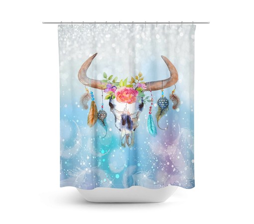 Boho Chic Shower Curtain with Vintage Bathroom Shower Curtains Bull Skull Print - Image 2