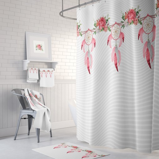 Boho Dreamcatcher Shower Curtain - Pink and Gray with Optional Towels and Bath Mat
