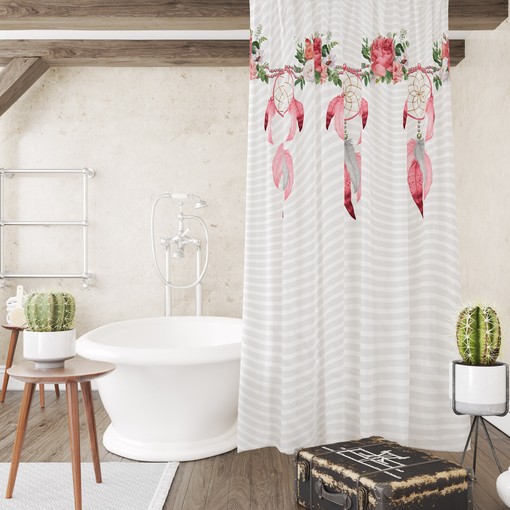 Boho Dreamcatcher Shower Curtain - Pink and Gray with Optional Towels and Bath Mat - Image 4