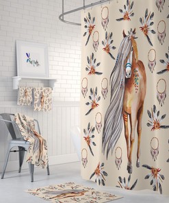 Boho Dreamcatcher Travel Shower Curtain Set with Horse Print