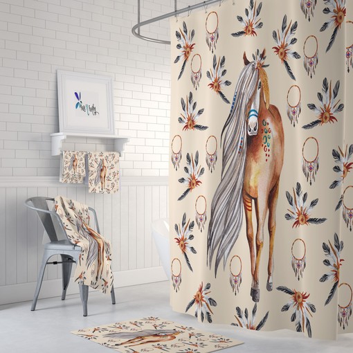 Boho Dreamcatcher Travel Shower Curtain Set with Horse Print