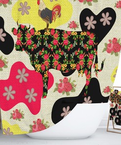 Boho Farmhouse Shower Curtain - Funky Cow and Vintage Quotes Design for Rustic Bathrooms