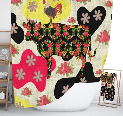 Boho Farmhouse Shower Curtain - Funky Cow and Vintage Quotes Design for Rustic Bathrooms