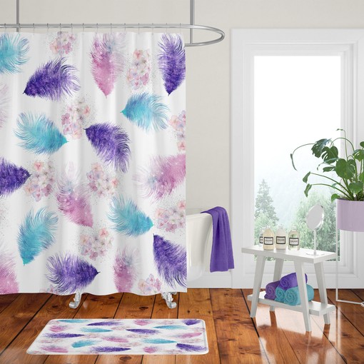 Boho Feathers and Flowers Shower Curtain Set with Optional Bath Mat - Image 2