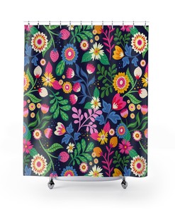 Boho Floral Shower Curtain, Vintage Scandinavian Bathroom Accessory