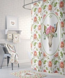 Boho Floral Shower Curtain with Bull Skull and Bath Set Options