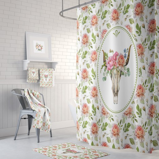Boho Floral Shower Curtain with Bull Skull and Bath Set Options