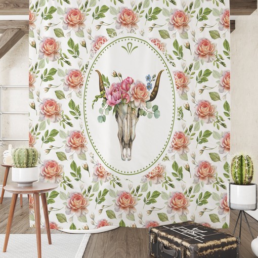 Boho Floral Shower Curtain with Bull Skull and Bath Set Options - Image 2