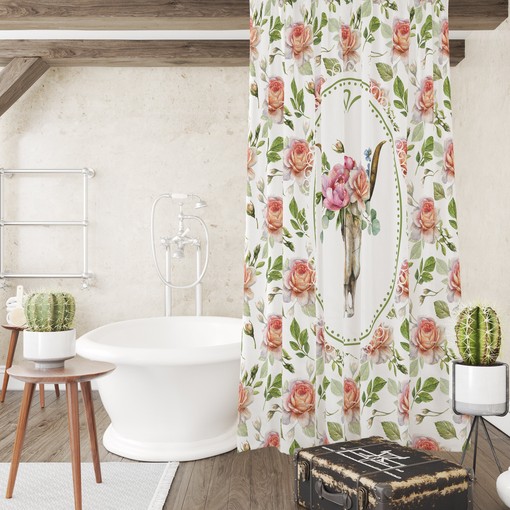 Boho Floral Shower Curtain with Bull Skull and Bath Set Options - Image 3