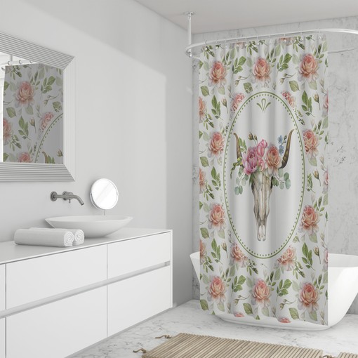 Boho Floral Shower Curtain with Bull Skull and Bath Set Options - Image 4