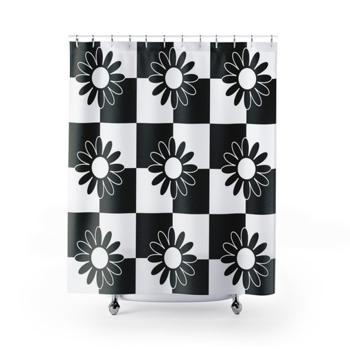 Boho Flower Shower Curtain, Vintage Groovy Tub Accessory - Image 2