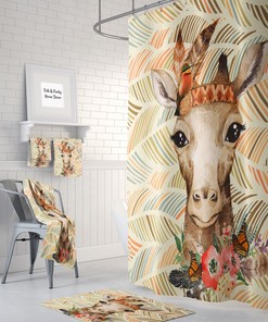 Boho Giraffe Shower Curtain Set with Kids Bathroom Print