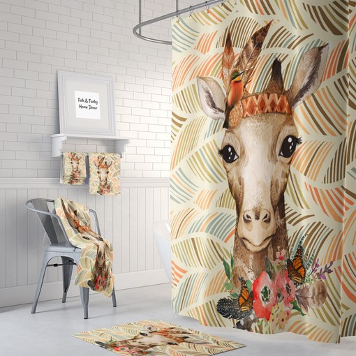 Boho Giraffe Shower Curtain Set with Kids Bathroom Print