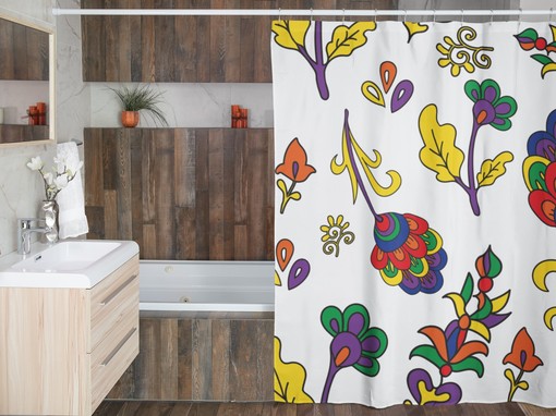 Boho Groovy Flowers Shower Curtain, Retro 70s Bathroom Accessory