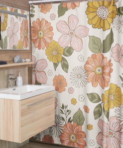 Boho Groovy Flowers Shower Curtain, Retro 70s Bathroom Accessory, Colorful Bath Decoration