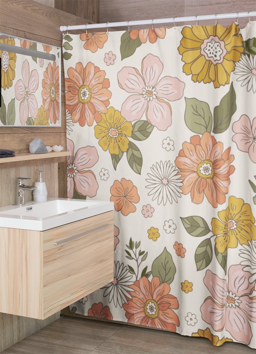 Boho Groovy Flowers Shower Curtain, Retro 70s Bathroom Accessory, Colorful Bath Decoration