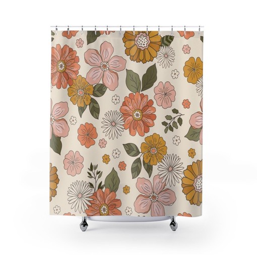Boho Groovy Flowers Shower Curtain, Retro 70s Bathroom Accessory, Colorful Bath Decoration - Image 2