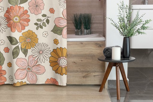 Boho Groovy Flowers Shower Curtain, Retro 70s Bathroom Accessory, Colorful Bath Decoration - Image 4