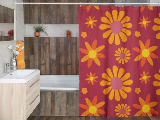 Boho Groovy Flowers Shower Curtain, Retro Bathroom Accessory with a Touch of 1970's Inspiration