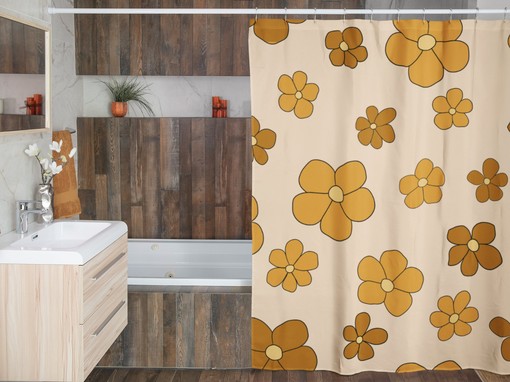 Boho Groovy Flowers Shower Curtains, Retro 70s Bathroom Accessory, Bohemian Bath Decoration