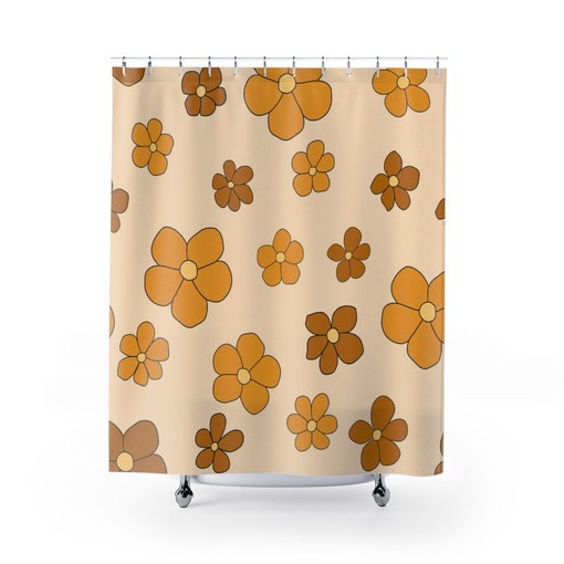Boho Groovy Flowers Shower Curtains, Retro 70s Bathroom Accessory, Bohemian Bath Decoration - Image 2