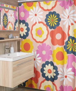 Boho Groovy Flowers Shower Curtains, Retro 70s Bathroom Accessory, Colorful Bath Decoration