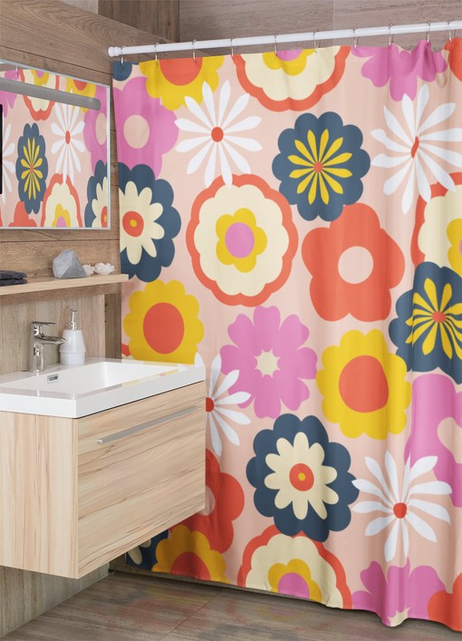 Boho Groovy Flowers Shower Curtains, Retro 70s Bathroom Accessory, Colorful Bath Decoration