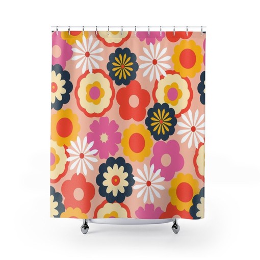 Boho Groovy Flowers Shower Curtains, Retro 70s Bathroom Accessory, Colorful Bath Decoration - Image 2