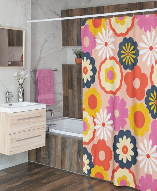 Boho Groovy Flowers Shower Curtains, Retro 70s Bathroom Accessory, Colorful Bath Decoration - Image 4