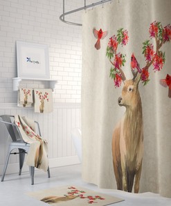 Boho Harmony Shower Curtain with Woodland Deer and Cardinals Print