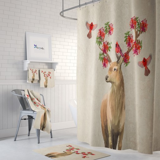 Boho Harmony Shower Curtain with Woodland Deer and Cardinals Print