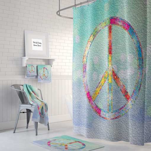 Boho Hippie Chic Peace Sign Shower Curtain Set with Restroom Shower Curtains