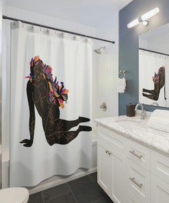Boho Mid-Century Print Shower Curtain with Nude Woman and Florals