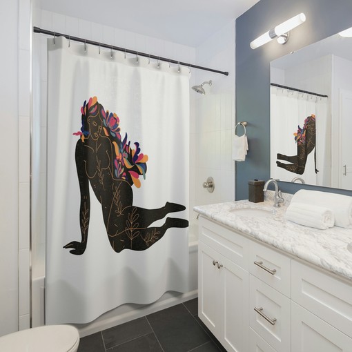 Boho Mid-Century Print Shower Curtain with Nude Woman and Florals