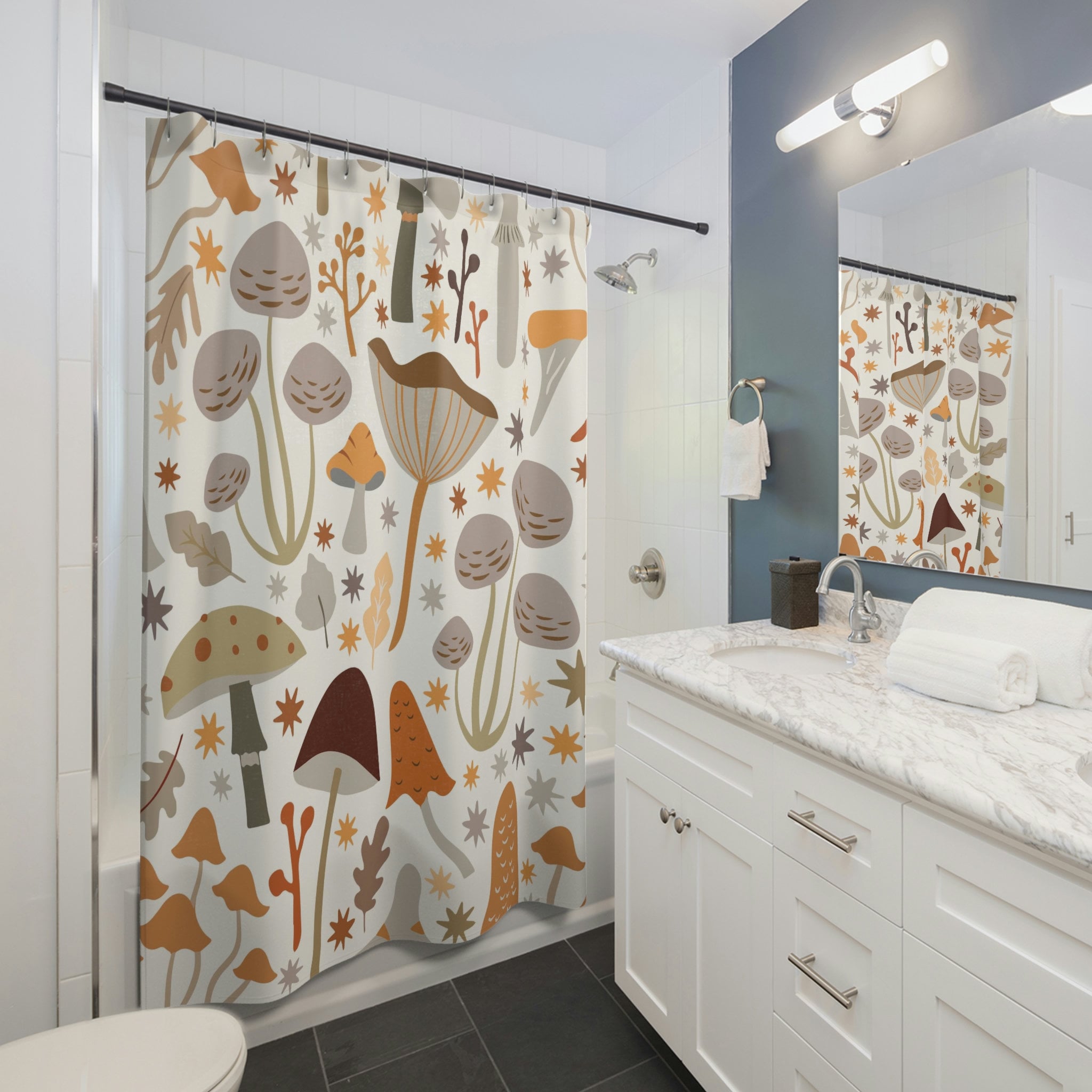Boho Mushroom Print Shower Curtain for Vintage and Gothic Bathroom Decor