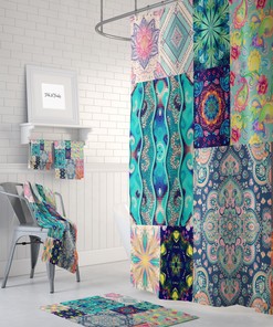 Boho Patterns Patchwork Style Shower Curtain Set with Optional Towels and Mat