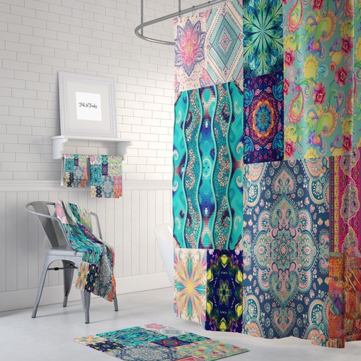 Boho Patterns Patchwork Style Shower Curtain Set with Optional Towels and Mat